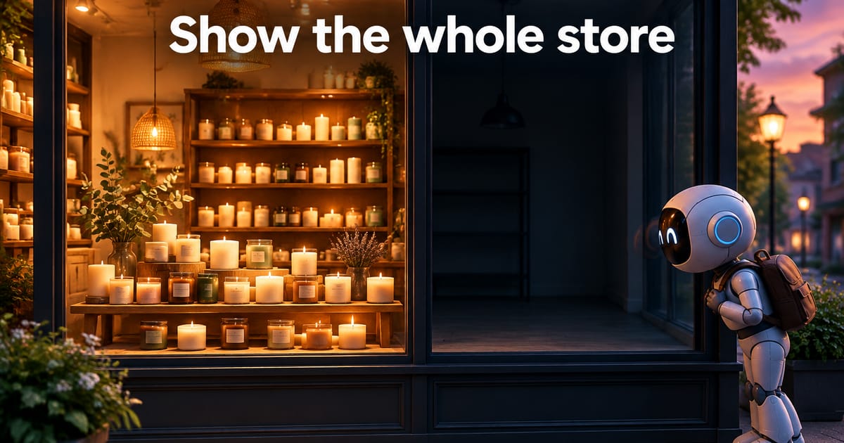 A storefront window split in two, one side full of candles and warmly lit, the other side empty, with a small robot peering at the empty half.